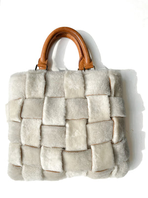 Open image in slideshow, UpcycledNYC X ByBoulukos Woven Shearling Bag
